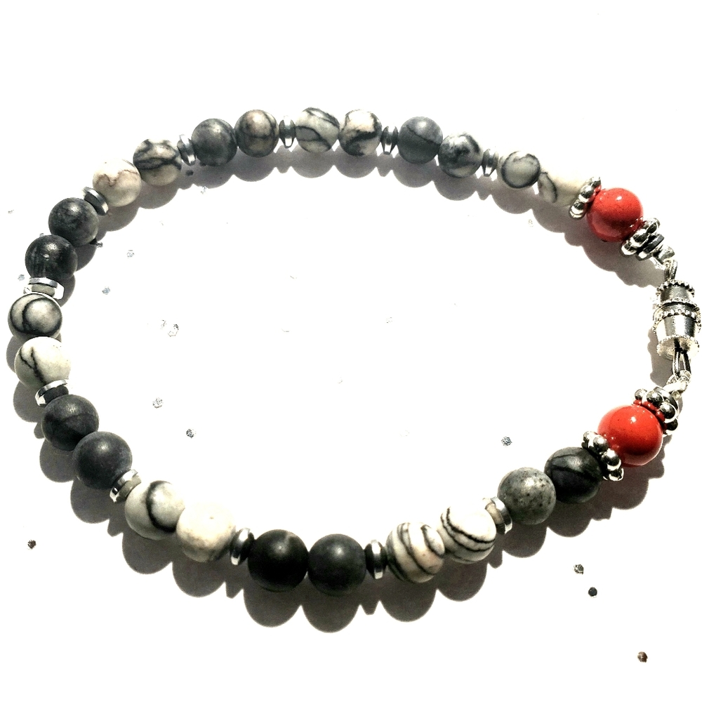 6mm red coral and grey jasper with hematite stretc